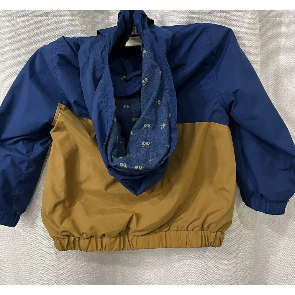 Osh Kosh Genuine Kids 2T Blue Removable‎ Hood Lined Jacket Zip Up Coat Tan Blue